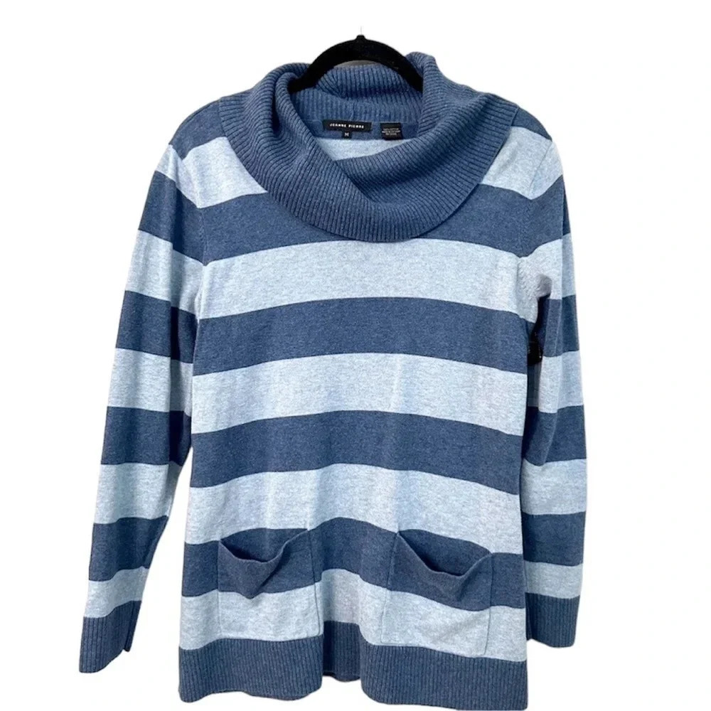 Jeanne Pierre Cowl Neck Striped Front Pocket Long Sleeve Blue Sweater Sz M